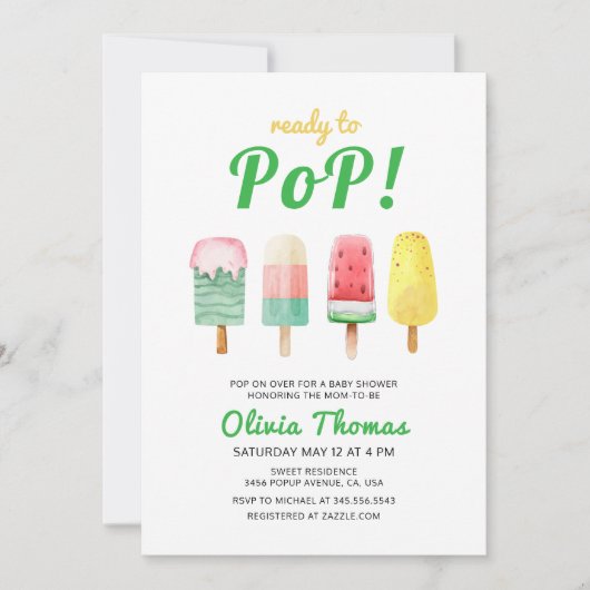 赤ちゃんシャワー準備ができてポップ・アートのいる緑の黄色のアイスクリーム 招待状 (正面)