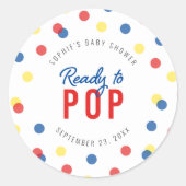 赤ちゃんシャワー準備ができて赤ポップ・アートの青イエロー紙吹雪 ラウンドシール (正面)
