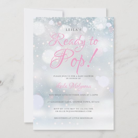 赤ちゃんシャワー準備の最初の雪ポップ・アートの片ピンク 招待状 (正面)