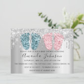 赤ちゃんシャワー滴銀足ツインズボーイガールピンク 招待状 (スタンド正面)