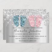 赤ちゃんシャワー滴銀足ツインズボーイガールピンク 招待状 (正面/裏面)