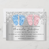 赤ちゃんシャワー滴銀足ツインズボーイガールブルー 招待状 (正面)