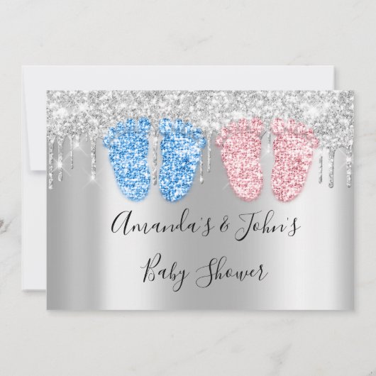 赤ちゃんシャワー滴銀足ツインズボーイガールブルー 招待状 (裏面)
