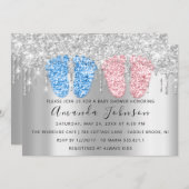 赤ちゃんシャワー滴銀足ツインズボーイガールブルー 招待状 (正面/裏面)