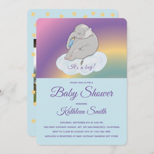 赤ちゃんシャワー甘い可愛い象それが男の子の写真 招待状 (正面/裏面)