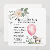 赤ちゃんシャワー甘い小さなラムピンクのバルーン 招待状 (正面/裏面)