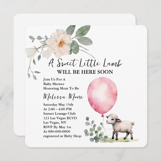 赤ちゃんシャワー甘い小さなラムピンクのバルーン 招待状 (正面/裏面)