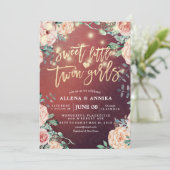 赤ちゃんシャワー甘い小さな双子の女の子の花ライト 招待状 (スタンド正面)