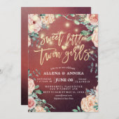 赤ちゃんシャワー甘い小さな双子の女の子の花ライト 招待状 (正面/裏面)