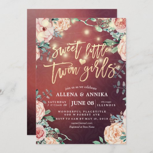 赤ちゃんシャワー甘い小さな双子の女の子の花ライト 招待状 (正面/裏面)