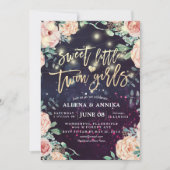 赤ちゃんシャワー甘い小さな双子の女の子の花ライト 招待状 (正面)