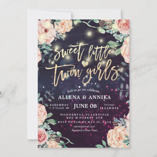 赤ちゃんシャワー甘い小さな双子の女の子の花ライト 招待状 (正面)