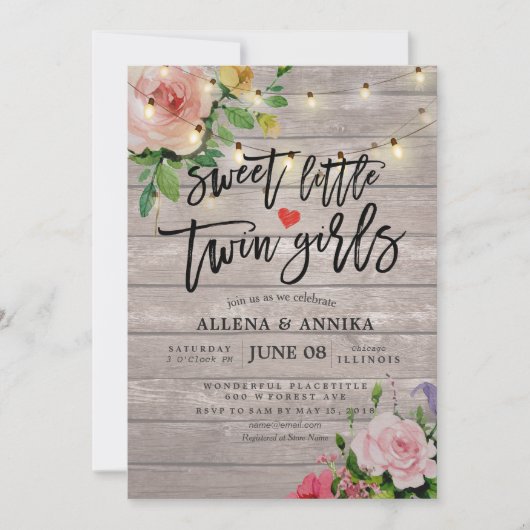 赤ちゃんシャワー甘い小さな双子の女の子の花木 招待状 (正面)