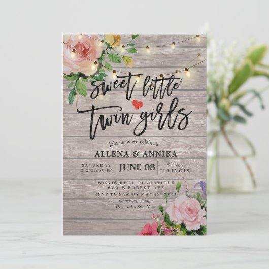 赤ちゃんシャワー甘い小さな双子の女の子の花木 招待状 (スタンド正面)
