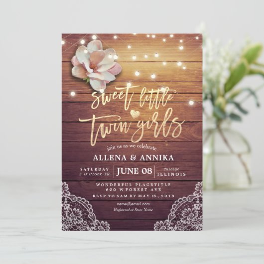 赤ちゃんシャワー甘い小さな双子の女の子の花木 招待状 (スタンド正面)
