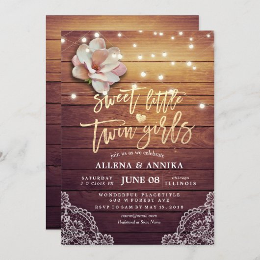 赤ちゃんシャワー甘い小さな双子の女の子の花木 招待状 (正面/裏面)
