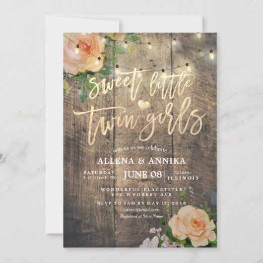 赤ちゃんシャワー甘い小さな双子の女の子の花木 招待状 (正面)