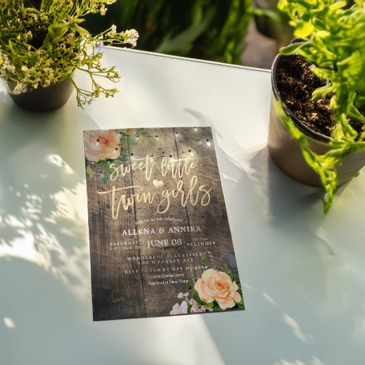 赤ちゃんシャワー甘い小さな双子の女の子の花木 招待状