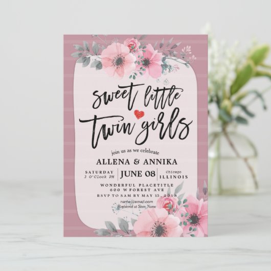 赤ちゃんシャワー甘い小さな双子の女の子ピンクの花 招待状 (スタンド正面)