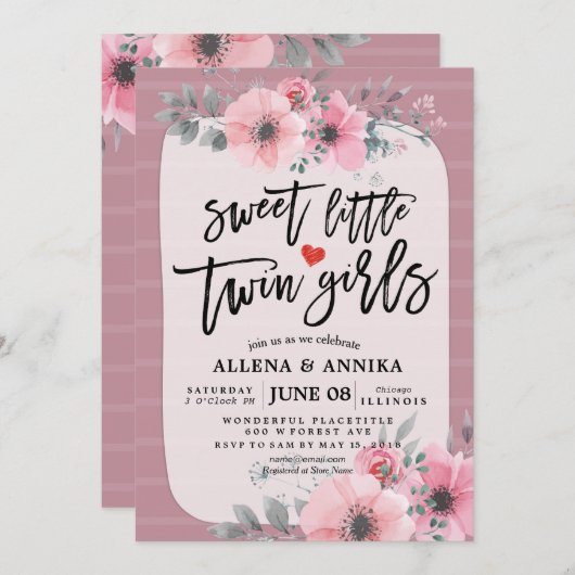 赤ちゃんシャワー甘い小さな双子の女の子ピンクの花 招待状 (正面/裏面)