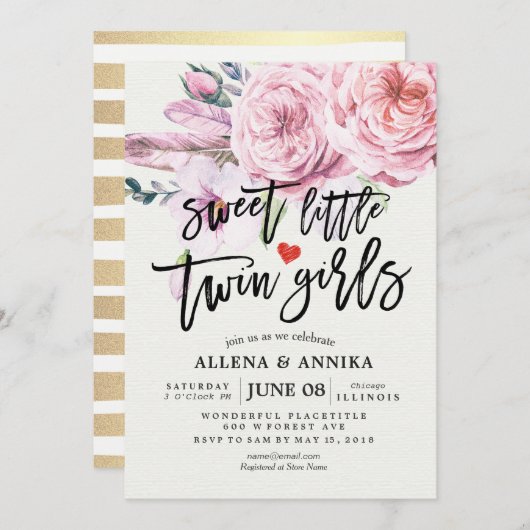 赤ちゃんシャワー甘い小さな双子の女の子ボホ花 招待状 (正面/裏面)
