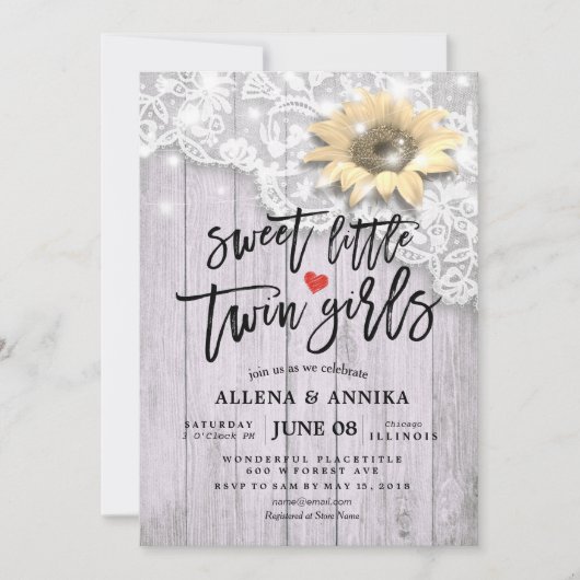 赤ちゃんシャワー甘い小さな双子の女の子レースサンフラワー 招待状 (正面)