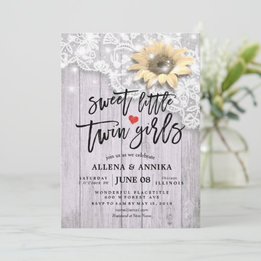 赤ちゃんシャワー甘い小さな双子の女の子レースサンフラワー 招待状 (スタンド正面)