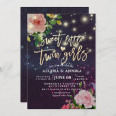 赤ちゃんシャワー甘い小さな双子フローラ紫の光 招待状 (正面/裏面)