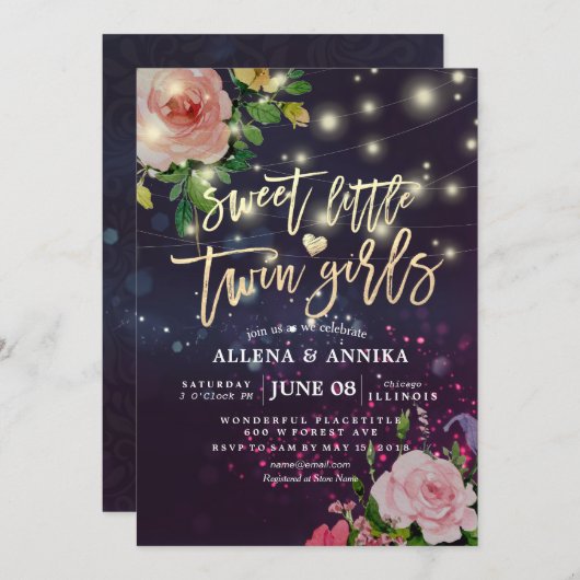 赤ちゃんシャワー甘い小さな双子フローラ紫の光 招待状 (正面/裏面)