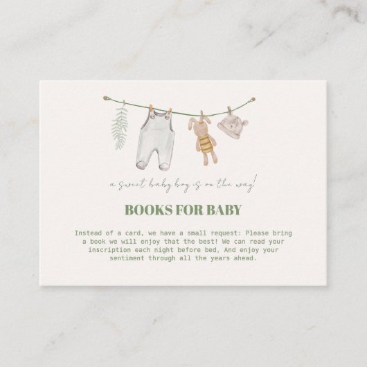 赤ちゃんシャワー用かわいいセージ緑のボホーブック エンクロージャーカード (正面)