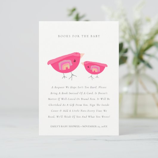 赤ちゃんシャワー用かわいいレインボーピンクのバーディブック エンクロージャーカード (スタンド正面)