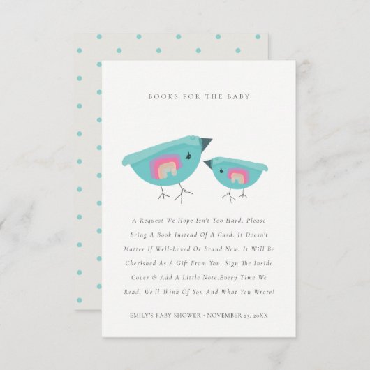 赤ちゃんシャワー用かわいいレインボーブルーのバーディブック エンクロージャーカード (正面/裏面)