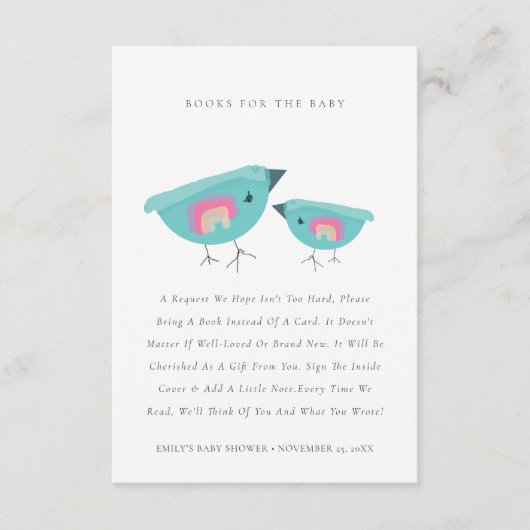 赤ちゃんシャワー用かわいいレインボーブルーのバーディブック エンクロージャーカード (正面)