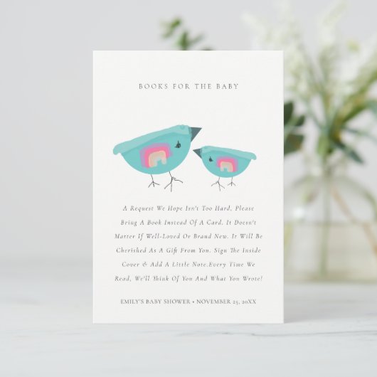 赤ちゃんシャワー用かわいいレインボーブルーのバーディブック エンクロージャーカード (スタンド正面)