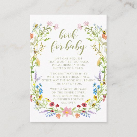 赤ちゃんシャワー用かわいい牧草地の小さな野花の本 エンクロージャーカード (正面)