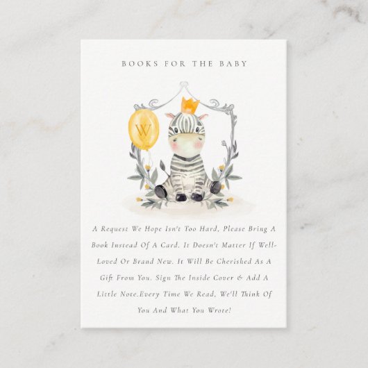 赤ちゃんシャワー用かわいい黄色のベビーゼブラ動物の本 エンクロージャーカード (正面)