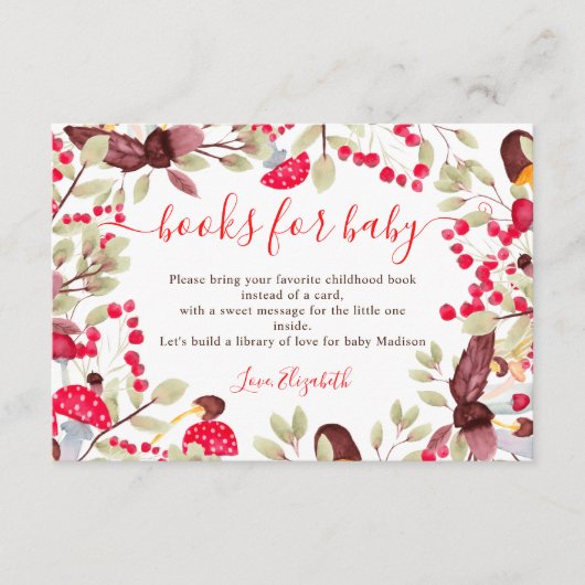 赤ちゃんシャワー用のかわいいキノコの森の本 エンクロージャーカード (正面)