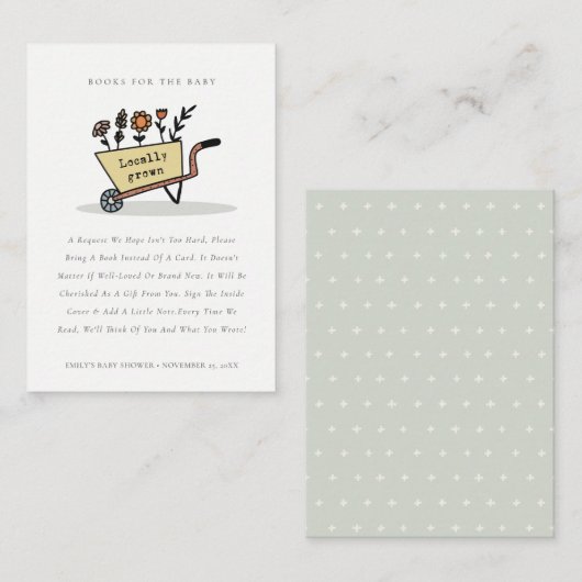 赤ちゃんシャワー用のかわいい黄色フローラカート本 エンクロージャーカード (正面/裏面)