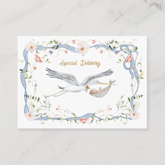 赤ちゃんシャワー用のコウノトリのワイルドフラワーリボン エンクロージャーカード (裏面)