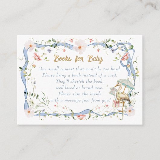 赤ちゃんシャワー用のコウノトリのワイルドフラワーリボン エンクロージャーカード (正面)