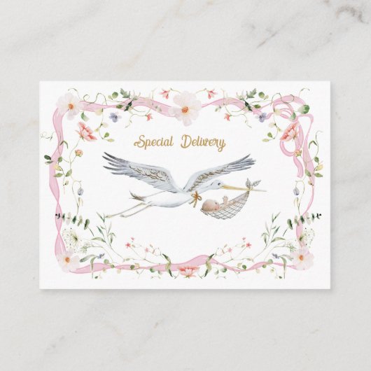 赤ちゃんシャワー用のコウノトリのワイルドフラワーリボン エンクロージャーカード (裏面)