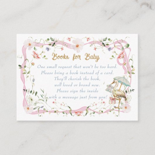 赤ちゃんシャワー用のコウノトリのワイルドフラワーリボン エンクロージャーカード (正面)