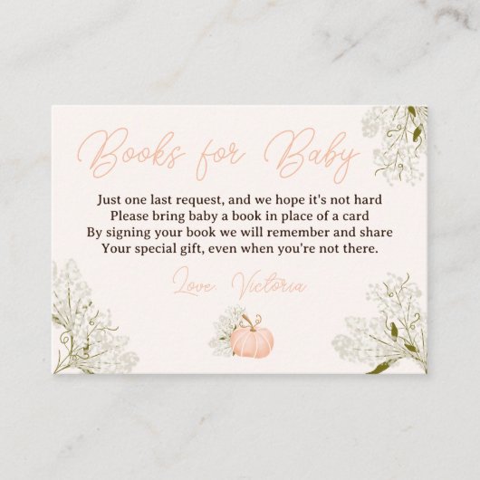赤ちゃんシャワー用のピンクのカボチャフローラの本 エンクロージャーカード (正面)