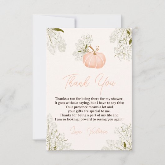 赤ちゃんシャワー用のピンクのカボチャフローラの本 サンキューカード (正面)