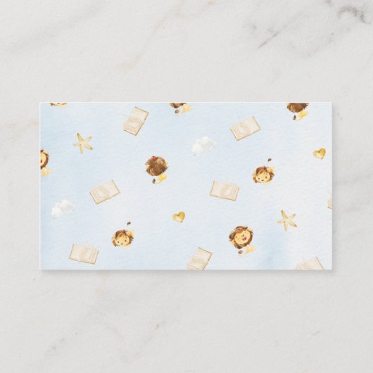 赤ちゃんシャワー用の埃っぽい青いライオンのブックリクエストカード 名刺 (裏面)