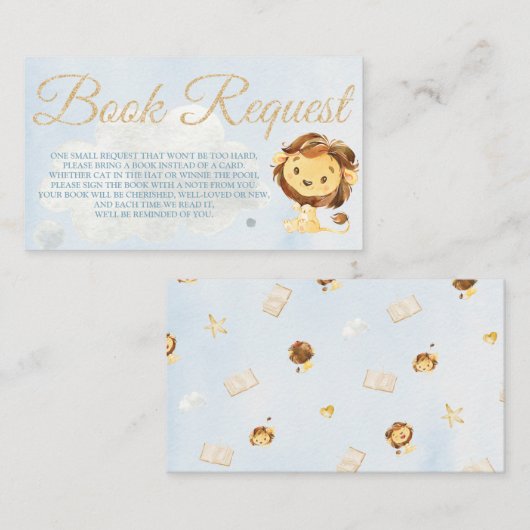 赤ちゃんシャワー用の埃っぽい青いライオンのブックリクエストカード 名刺 (正面/裏面)