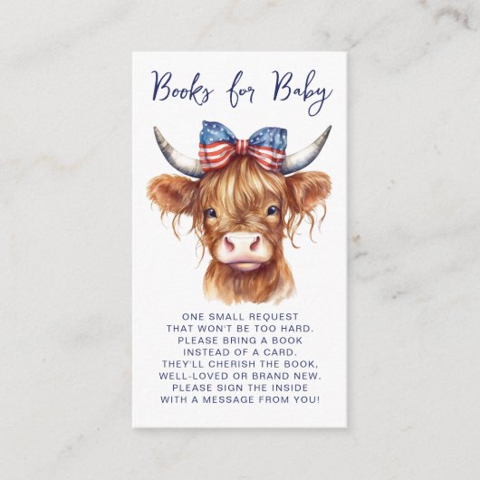 赤ちゃんシャワー用の愛国的な高地牛の本 エンクロージャーカード (正面)
