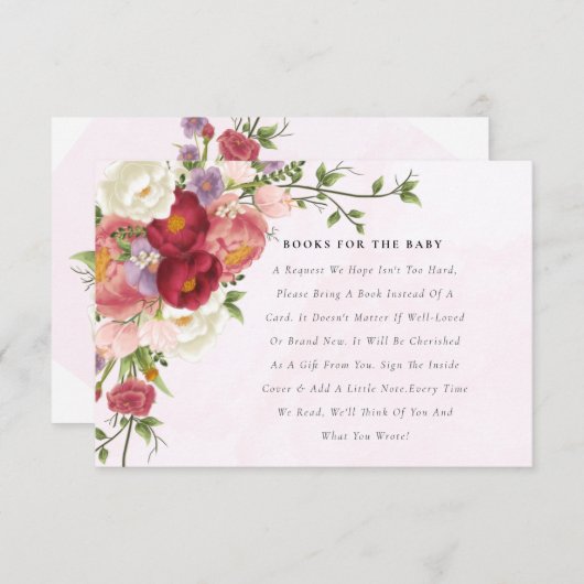 赤ちゃんシャワー用の明るい赤ピンクの白い花本 エンクロージャーカード (正面/裏面)