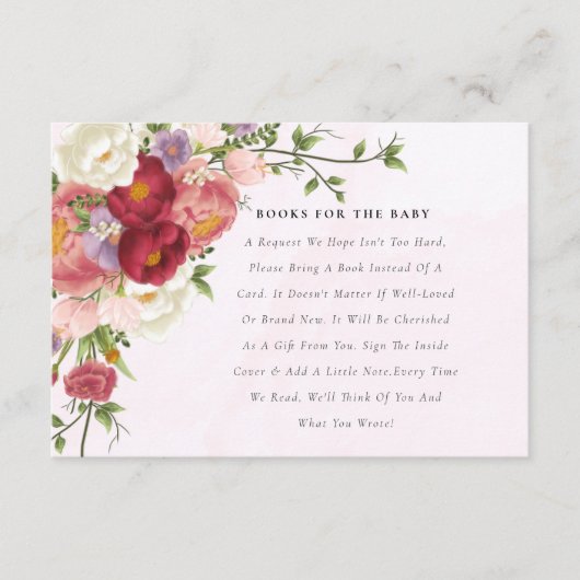 赤ちゃんシャワー用の明るい赤ピンクの白い花本 エンクロージャーカード (正面)