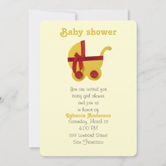 赤ちゃんシャワー用の明るい黄色、赤ベビーのベビーカー 招待状 (正面)